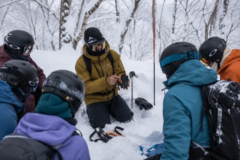 Guide showing an avalanche transceiver to snowboarders in a snowy birch forest in Niseko