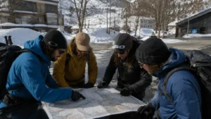 Four riders studying a topographic map in a snowy Japanese mountain village before a trip