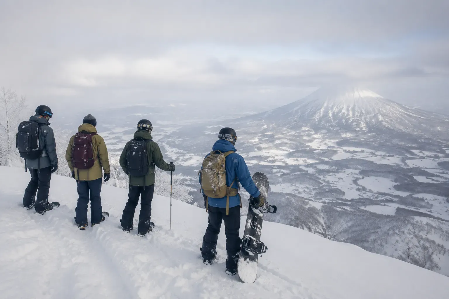 Four snowboarders with boards and poles on a ridge above Niseko, looking at Mount Yotei before dropping in