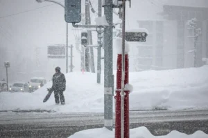 Heavy snowfall on a street in Hirafu village, Niseko