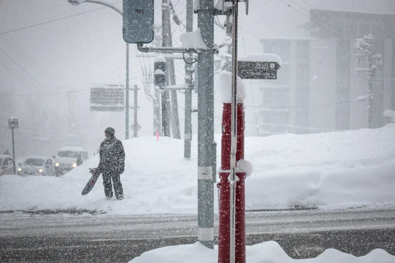 Heavy snowfall on a street in Hirafu village, Niseko