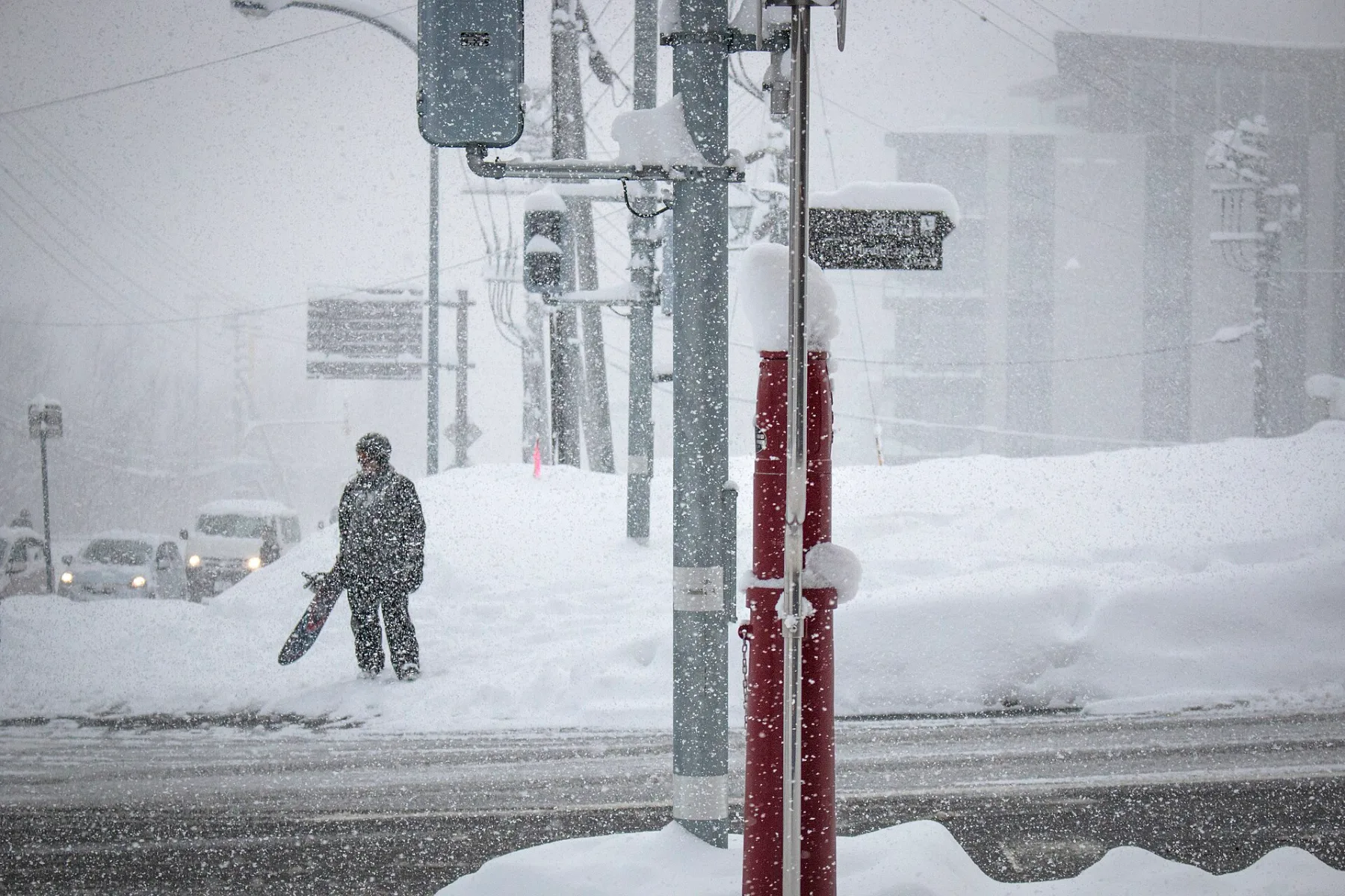 Heavy snowfall on a street in Hirafu village, Niseko